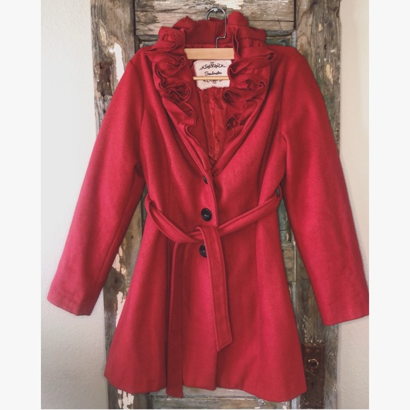 Soulmates Jackets & Blazers - Soulmates Red Flared Ruffled Peacoat XL